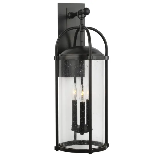 Collection: Dakota Designer: Feiss Rooms: Outdoor Finish: Espresso Glass: Clear Seeded Width: 9.50" Height: 24.75" Weight: 11.50 lb Extension from Wall: 11.00" Wire: 8" Black/White Canopy: DP:0.625'' W:4.5'' H:12.375'' OB UP:9.625'' Rectangular Number of Bulbs: 3 Maximum Wattage: 60.00 W Bulb Type: Torpedo Bulb Base: Candelabra Voltage: 120.00 V Material: Aluminum Country of Origin: Vietnam Safety Listing: cETL Safety Rating: Wet Connection: Hardwired Title 24 Spec Sheet Instructions Parts Diagram