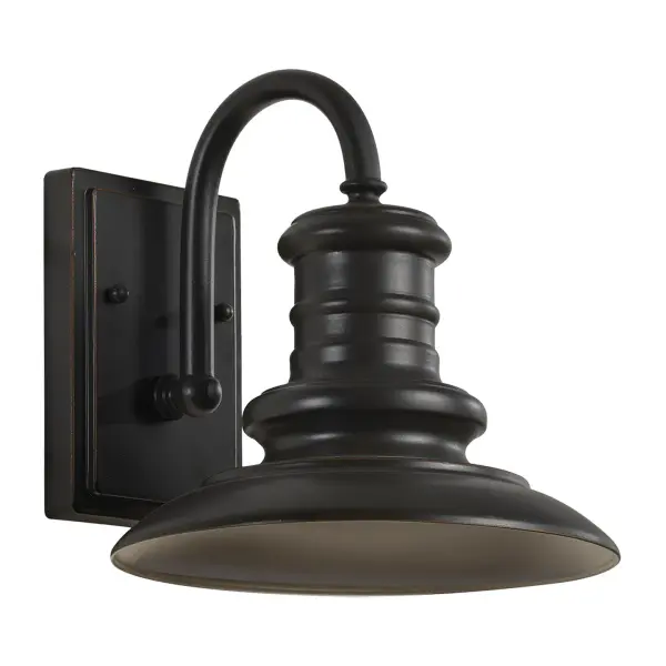 Collection: Redding Station Designer: Feiss Rooms: Outdoor Finish: Restoration Bronze Width: 9.00" Height: 9.69" Weight: 1.48 lb Extension from Wall: 10.38" Wire: 8" Black/White Canopy: DP:1'' W:4.5'' H:6.5'' OB UP:4.25'' Rectangular Number of Bulbs: 1 Maximum Wattage: 100.00 W Bulb Type: A21 Bulb Base: Medium Voltage: 120.00 V Material: Aluminum Country of Origin: Vietnam Safety Listing: cUL Safety Rating: Wet Title 24 Spec Sheet Instructions Parts Diagram