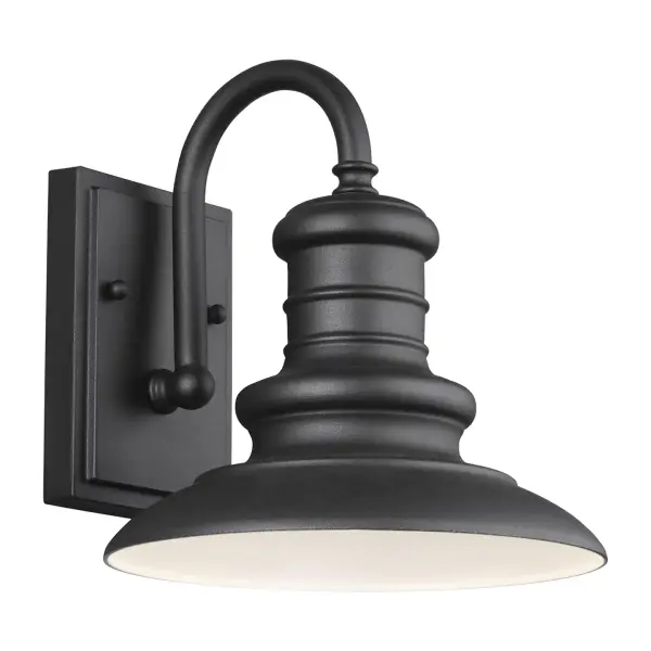 Collection: Redding Station Designer: Feiss Rooms: Outdoor Finish: Textured Black Width: 9.00" Height: 9.63" Weight: 1.32 lb Extension from Wall: 10.38" Wire: 8" Black/White Canopy: DP:1'' W:4.5'' H:6.5'' OB UP:4.25'' Rectangular Number of Bulbs: 1 Maximum Wattage: 100.00 W Bulb Type: A21 Bulb Base: Medium Voltage: 120.00 V Material: Aluminum Country of Origin: Vietnam Safety Listing: cUL Safety Rating: Wet Title 24 Spec Sheet Instructions Parts Diagram