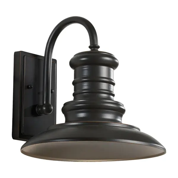 Collection: Redding Station Designer: Feiss Rooms: Outdoor Finish: Restoration Bronze Width: 12.00" Height: 12.50" Weight: 2.20 lb Extension from Wall: 13.44" Wire: 8" Black/White Canopy: DP:1'' W:4.75'' H:7.875'' OB UP:6'' Rectangular Number of Bulbs: 1 Maximum Wattage: 100.00 W Bulb Type: A21 Bulb Base: Medium Voltage: 120.00 V Material: Aluminum Country of Origin: Vietnam Safety Listing: cUL Safety Rating: Wet Title 24 Spec Sheet Instructions Parts Diagram