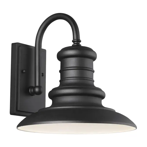 Collection: Redding Station Designer: Feiss Rooms: Outdoor Finish: Textured Black Width: 12.00" Height: 12.50" Weight: 2.40 lb Extension from Wall: 13.44" Wire: 8" Black/White Canopy: DP:1'' W:4.75'' H:7.875'' OB UP:6'' Rectangular Bulbs Included Number of Bulbs: 1 Maximum Wattage: 7.00 W Bulb Type: PAR20 Bulb Base: Medium Light Output: 180.00 lm Voltage: 120.00 V Material: Aluminum Country of Origin: Vietnam Safety Listing: cUL Safety Rating: Wet Title 24 Spec Sheet Instructions Parts Diagram