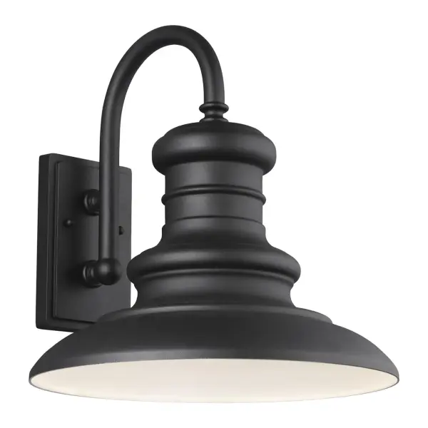 Collection: Redding Station Designer: Feiss Rooms: Outdoor Finish: Textured Black Width: 15.00" Height: 15.63" Weight: 3.52 lb Extension from Wall: 16.63" Wire: 8" Black/White Canopy: DP:1'' W:4.75'' H:7.875'' OB UP:8.875'' Rectangular Bulbs Included Number of Bulbs: 1 Maximum Wattage: 7.00 W Bulb Type: PAR20 Bulb Base: Medium Light Output: 180.00 lm Voltage: 120.00 V Material: Aluminum Country of Origin: Vietnam Safety Listing: ETL Safety Rating: Wet Title 24 Spec Sheet Instructions Parts Diagram