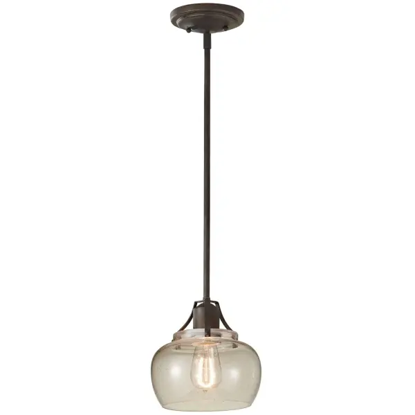 Collection: Urban Renewal Designer: Feiss Rooms: Dining Room, Entry Room/Hallway, Kitchen Finish: Rustic Iron Glass: Clear Seeded Notes: (3) 12`` Stems,(1) 6`` Stem Width: 8.00" Height: 8.00" Weight: 2.86 lb Wire: 180" Brown Rod: (3) 12",(1) 6" Canopy: D:5.5'' H:1 5/16'' Round Number of Bulbs: 1 Maximum Wattage: 100.00 W Bulb Type: A19 Bulb Base: Medium Voltage: 120.00 V Material: Steel Country of Origin: China Safety Listing: cUL Safety Rating: Dry Connection: Hardwired Title 24 Spec Sheet Instructions Parts Diagram