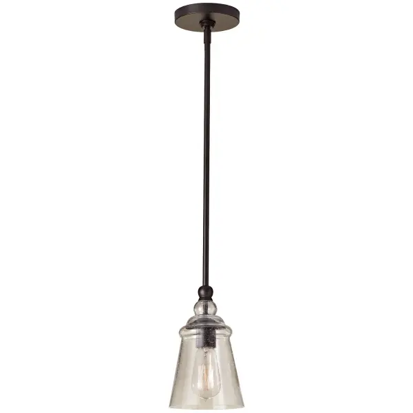 Collection: Urban Renewal Designer: Feiss Rooms: Dining Room, Entry Room/Hallway, Kitchen Finish: Oil Rubbed Bronze Glass: Clear Seeded Notes: (1) 6`` Stem,(3) 12`` Stems Width: 5.75" Height: 10.00" Weight: 3.37 lb Wire: 180" Black Rod: (3) 12",(1) 6" Canopy: D:5.25'' H:0.75'' Round Number of Bulbs: 1 Maximum Wattage: 100.00 W Bulb Type: A19 Bulb Base: Medium Voltage: 120.00 V Material: Steel Country of Origin: China Safety Listing: cUL Safety Rating: Dry Connection: Hardwired Title 24 Spec Sheet Instructions Parts Diagram