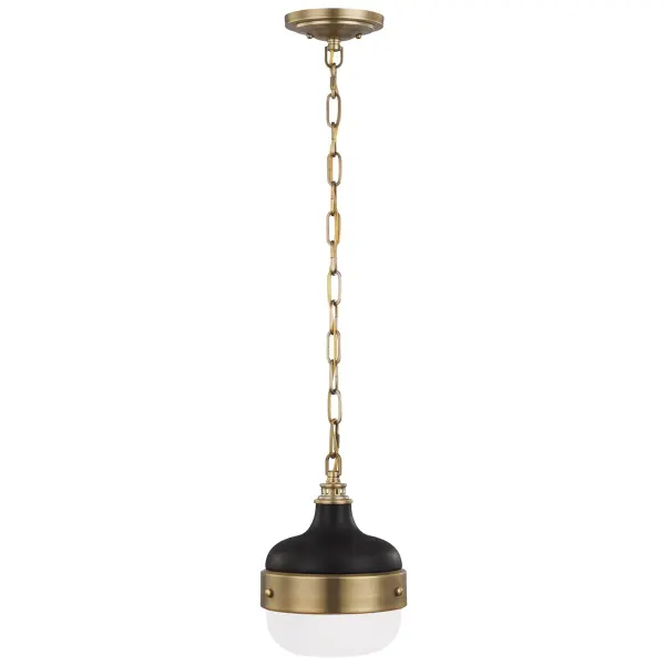 Collection: Cadence Designer: Feiss Rooms: Dining Room, Entry Room/Hallway, Kitchen Finish: Dark Antique Brass / Matte Black Glass: White Opal Etched Width: 8.00" Height: 10.88" Weight: 5.39 lb Chain: 60" Wire: 160" Gold Canopy: D:5.5'' H:1.25'' Round Number of Bulbs: 1 Maximum Wattage: 75.00 W Bulb Type: A19 Bulb Base: Medium Voltage: 120.00 V Material: Steel Country of Origin: China Safety Listing: ETL Safety Rating: Dry Connection: Hardwired Title 24 Spec Sheet Instructions Parts Diagram