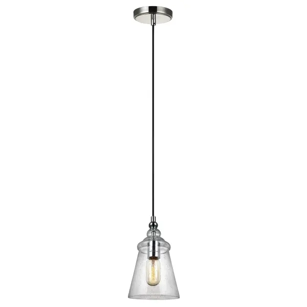 Collection: Loras Designer: Feiss Rooms: Dining Room, Entry Room/Hallway, Kitchen Finish: Chrome Glass: Clear Seeded Width: 5.75" Height: 9.50" Weight: 3.58 lb Wire: 180" Black Fabric Cord Canopy: D:5'' H:1'' Round Number of Bulbs: 1 Maximum Wattage: 75.00 W Bulb Type: A19 Bulb Base: Medium Voltage: 120.00 V Material: Steel Country of Origin: Philippines Safety Listing: cETL Safety Rating: Damp Connection: Hardwired Title 24 Manufacturer Warranty: Protected by a 1-year warranty Spec Sheet Instructions Parts Diagram