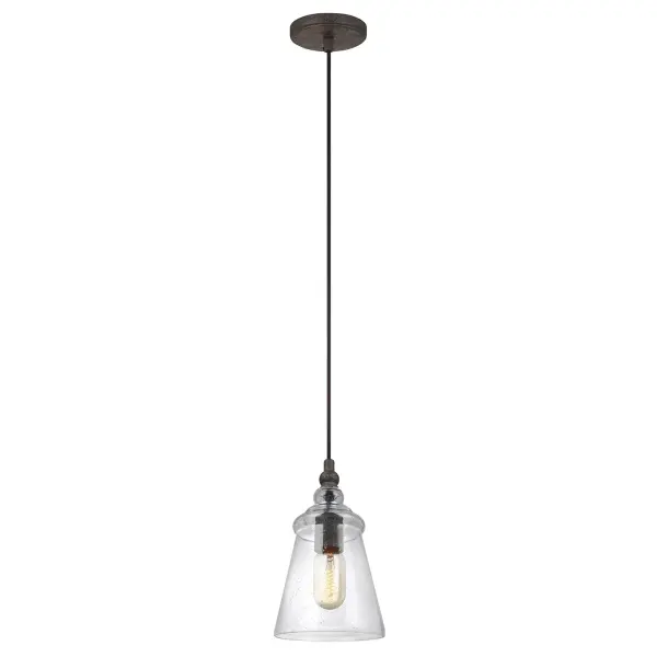 Collection: Loras Designer: Feiss Rooms: Dining Room, Entry Room/Hallway, Kitchen Finish: Dark Weathered Iron Glass: Clear Seeded Width: 5.75" Height: 9.50" Weight: 3.58 lb Wire: 180" Black Fabric Cord Canopy: D:5'' H:1'' Round Number of Bulbs: 1 Maximum Wattage: 75.00 W Bulb Type: A19 Bulb Base: Medium Voltage: 120.00 V Material: Steel Country of Origin: Philippines Safety Listing: cETL Safety Rating: Damp Connection: Hardwired Title 24 Manufacturer Warranty: Protected by a 1-year warranty Spec Sheet Instructions Parts Diagram