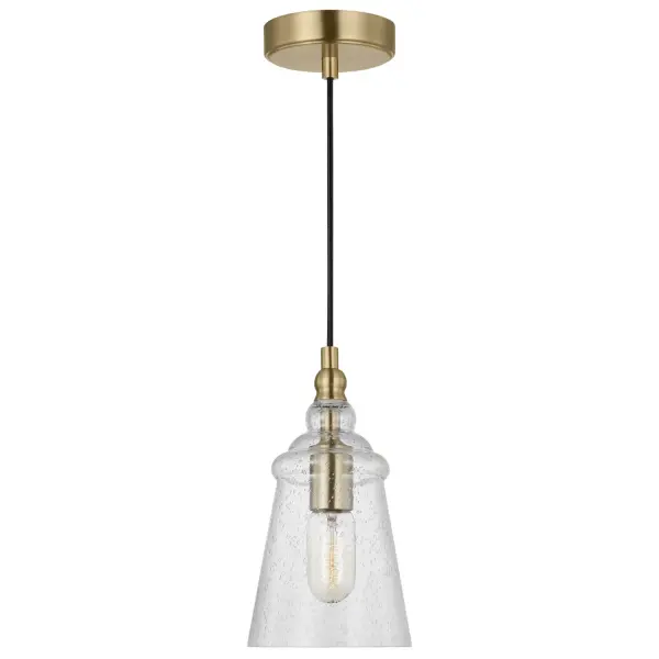 Collection: Loras Designer: Sean Lavin Rooms: Dining Room, Entry Room/Hallway, Kitchen Finish: Satin Brass Glass: Clear Seeded Width: 5.75" Height: 9.50" Weight: 3.28 lb Wire: 180" Black Fabric Cord Canopy: D:5'' H:1'' Round Number of Bulbs: 1 Maximum Wattage: 75.00 W Bulb Type: A19 Bulb Base: E26 Medium Voltage: 120.00 V Material: Steel Country of Origin: Philippines Safety Listing: cETL Safety Rating: Damp Title 24 Spec Sheet Instructions