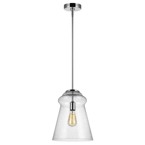 Collection: Loras Designer: Feiss Rooms: Dining Room, Entry Room/Hallway, Kitchen Finish: Chrome Glass: Clear Seeded Notes: (3) 12`` Stems,(1) 6`` Stem Width: 11.50" Height: 14.75" Weight: 7.00 lb Chain: (3) 12`` Stems,(1) 6`` Stem Wire: 180" Rod: (3) 12",(1) 6" Canopy: D:5'' H:1.125'' Round Number of Bulbs: 1 Maximum Wattage: 60.00 W Bulb Type: A19 Bulb Base: Medium Voltage: 120.00 V Material: Steel Country of Origin: Philippines Safety Listing: cETL Safety Rating: Damp Connection: Hardwired Title 24 Spec Sheet Instructions Parts Diagram