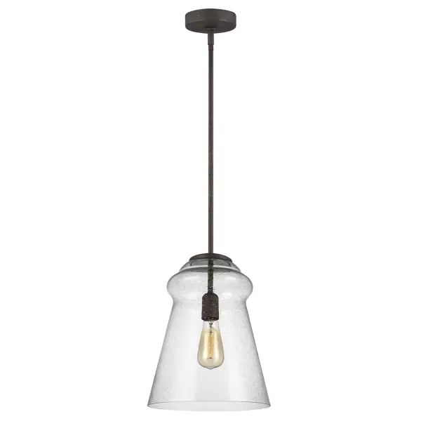 Collection: Loras Designer: Feiss Rooms: Dining Room, Entry Room/Hallway, Kitchen Finish: Dark Weathered Iron Glass: Clear Seeded Notes: (3) 12`` Stems,(1) 6`` Stem Width: 11.50" Height: 14.75" Weight: 7.00 lb Chain: (3) 12`` Stems,(1) 6`` Stem Wire: 180" Rod: (3) 12",(1) 6" Canopy: D:5'' H:1.125'' Round Number of Bulbs: 1 Maximum Wattage: 60.00 W Bulb Type: A19 Bulb Base: Medium Voltage: 120.00 V Material: Steel Country of Origin: Philippines Safety Listing: cETL Safety Rating: Damp Connection: Hardwired Title 24 Spec Sheet Instructions Parts Diagram