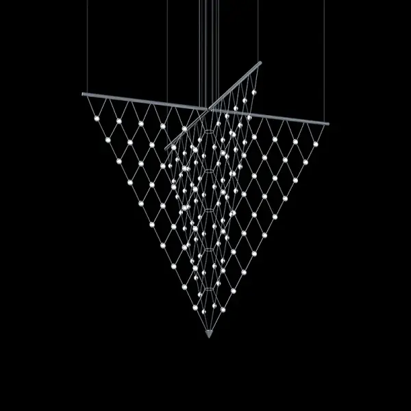 The Constellation pendant delivers museum-quality illumination with 120 integrated LEDs producing 12,000 lumens. Its 58-inch square profile and faceted acrylic lenses create a sculptural presence ideal for grand spaces requiring both ambient and dramatic lighting.