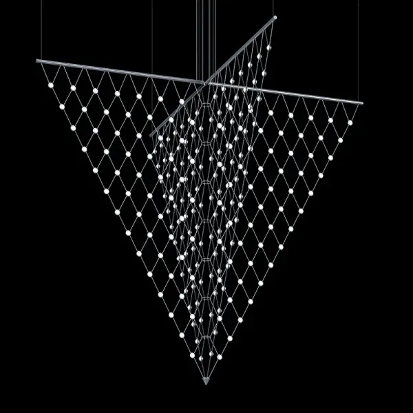 This architectural pendant makes a bold statement with 224 integrated LED lights arranged in a constellation pattern across a 78-inch span. The bright satin aluminum finish and faceted acrylic lenses create stunning light refraction.