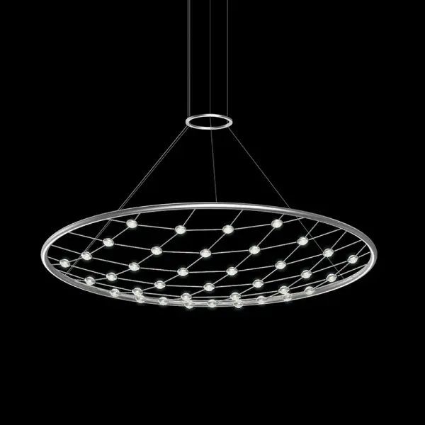 The Constellation pendant delivers dramatic visual impact with 37 integrated LED points creating 3700 lumens of warm, high-CRI light. Its substantial 49-inch span makes it ideal for large dining tables and commercial spaces.