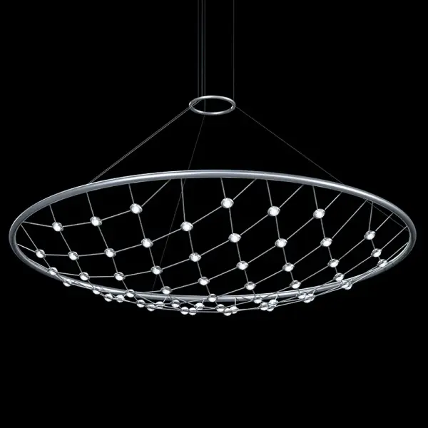 This oversized linear pendant makes a bold architectural statement with 55 integrated LED lights arranged in a constellation pattern. The bright satin aluminum finish and faceted acrylic lenses create stunning light play across large spaces.