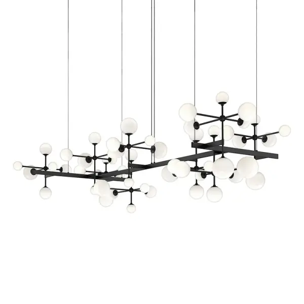 The Nebula LED Pendant makes a bold architectural statement with its nearly 8-foot span and 19 integrated LED modules. The satin black finish and white cased glass create sophisticated contrast while delivering impressive 9700 lumens.