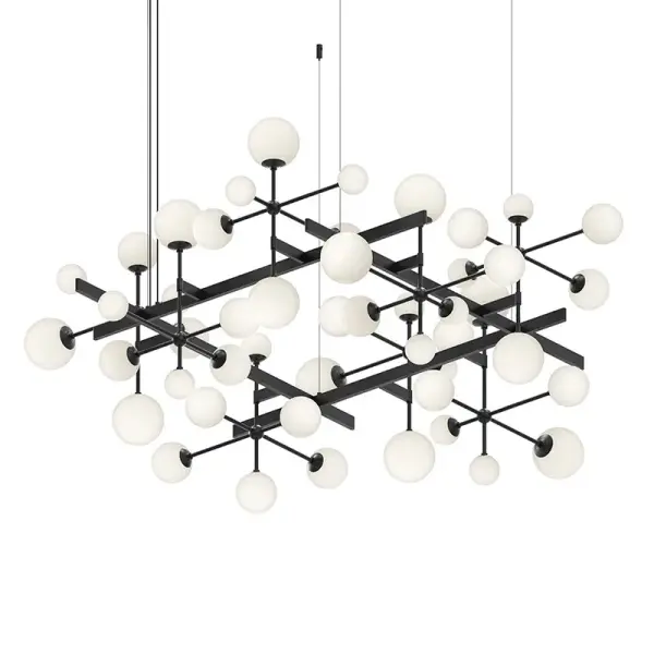 The Nebula Square Chandelier transforms illumination into art with intersecting stems and glass spheres arranged in a dance-like rhythm. Its expansive 79.75" x 72.25" scale creates a commanding presence perfect for dramatic interiors.