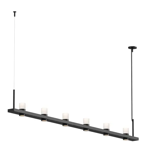 The Intervals pendant makes a bold statement with its nearly 8-foot span and clean geometric design. Six integrated LED modules deliver exceptional light output while the satin black finish and etched glass create sophisticated contrast.