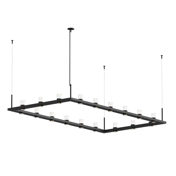 The Intervals LED Pendant makes a bold architectural statement with its impressive 104-inch span and 18 integrated LED light sources. The satin black finish and clear glass with etched acrylic cones create sophisticated visual interest while delivering exceptional 26,000 lumen output.
