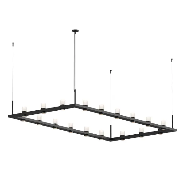 The Intervals LED Pendant makes a bold architectural statement with its impressive 104-inch span and 18 integrated LED modules. The satin black aluminum frame paired with clear etched glass creates sophisticated visual rhythm perfect for large-scale residential and commercial applications.