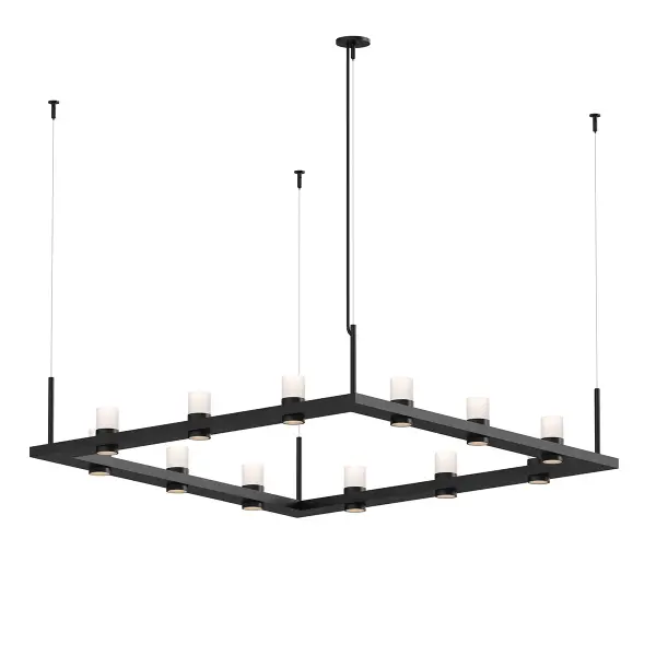 The Intervals pendant makes a bold statement with its 56-inch span and 12 integrated LED modules behind clear etched glass. The satin black finish and clean geometric design work beautifully in contemporary spaces.