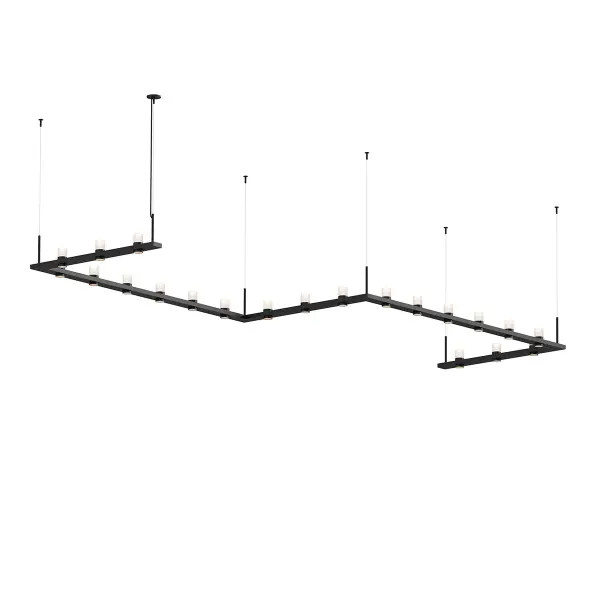 The Intervals LED Pendant makes a bold architectural statement with its impressive 17-foot span and 21 integrated LED modules. The satin black aluminum frame paired with clear etched glass creates sophisticated visual rhythm while delivering exceptional illumination.