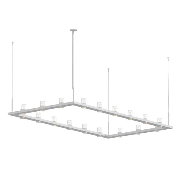 The Intervals LED Pendant makes a bold architectural statement with its impressive 104-inch span and 18 integrated LED light sources. The satin white finish and clear glass with etched acrylic cones create a sophisticated, contemporary look ideal for large dining areas and commercial spaces.