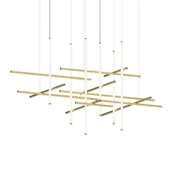 A commanding geometric LED fixture that transforms large spaces with its systematic tubular framework. The 88.75-inch span delivers impressive illumination while the brass finish adds warmth to contemporary interiors.