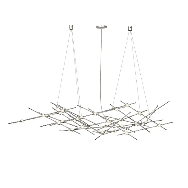 The Constellation chandelier makes a dramatic statement with 25 integrated LED lights arranged across a 55-inch span. Clear faceted acrylic shades create brilliant light dispersion while the satin nickel finish adds refined elegance.