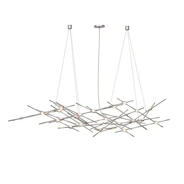 The Constellation chandelier creates a dramatic focal point with 25 integrated LED modules arranged in a linear constellation pattern. Its substantial 55-inch length and energy-efficient design make it ideal for large dining spaces.