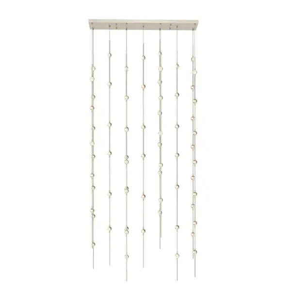 The Constellation pendant delivers dramatic visual impact with 69 integrated LED points creating a starfield effect through faceted acrylic. Its substantial 35.5-inch length makes it ideal for larger dining tables and kitchen islands.