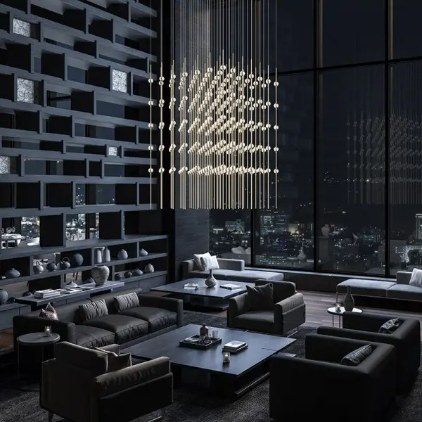 The Constellation Cosmic Cube Chandelier makes a dramatic architectural statement with its geometric cube framework and celestial-inspired design. The Espresso Black finish adds sophisticated contrast while the sculptural form creates visual interest from every angle.