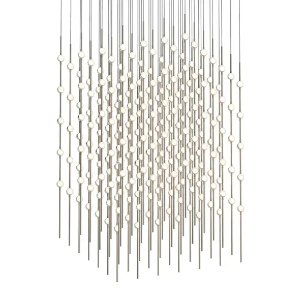 The Constellation pendant delivers museum-quality illumination with 245 integrated LEDs producing nearly 32,000 lumens. Its 30-inch linear form and satin nickel finish create a sophisticated focal point for large dining spaces and commercial settings.