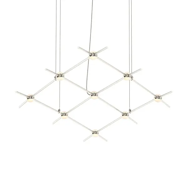 The Constellation LED Linear Chandelier delivers modern sophistication with its elongated profile and integrated LED technology. Nine LED modules provide 1560 delivered lumens with excellent 90 CRI color rendering, making it ideal for task-intensive spaces like kitchen islands and dining tables. The satin nickel finish and white optical acrylic diffusers create clean, contemporary aesthetics.