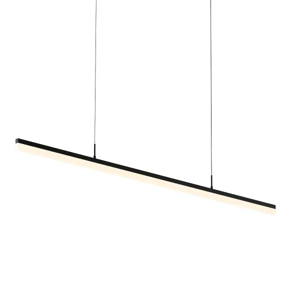 The Stiletto LED pendant delivers dramatic linear lighting with its nearly 5-foot span and ultra-slim 1.75-inch profile. The satin black finish and frosted acrylic diffuser create sophisticated ambient illumination perfect for modern spaces.