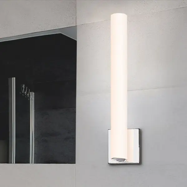 The Tubo Slim LED Sconce delivers contemporary style with energy-efficient LED technology. Its polished chrome finish and slim profile make it ideal for modern bathrooms, hallways, and compact spaces.