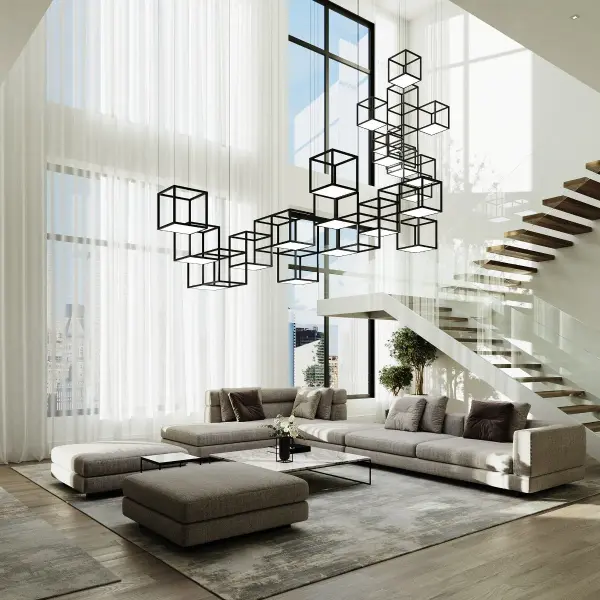 The Cubix LED Chandelier delivers striking modern design through precisely interconnected geometric cubes. Its constructive framework creates visual interest with cubes positioned at varying heights, perfect for contemporary spaces requiring bold architectural lighting.