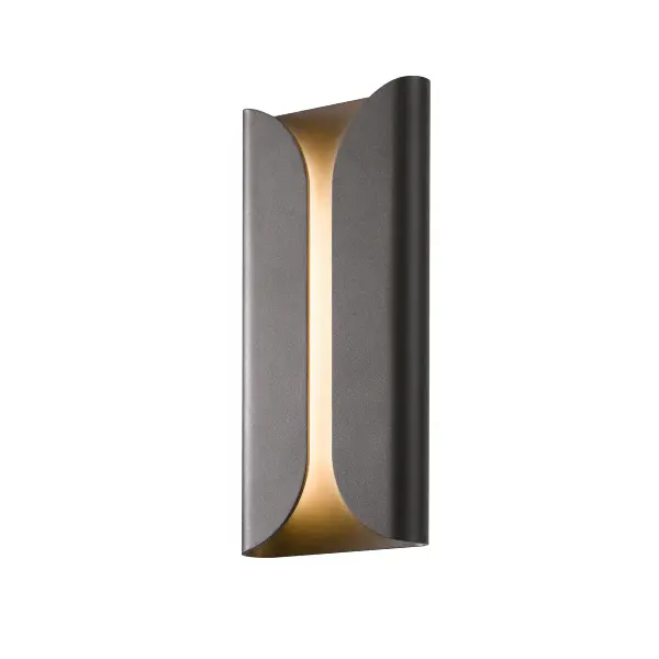The Folds LED Wall Sconce features a distinctive sculptural design with textured bronze aluminum that creates visual interest through geometric folded planes. Wet-rated for outdoor use with integrated LED technology.
