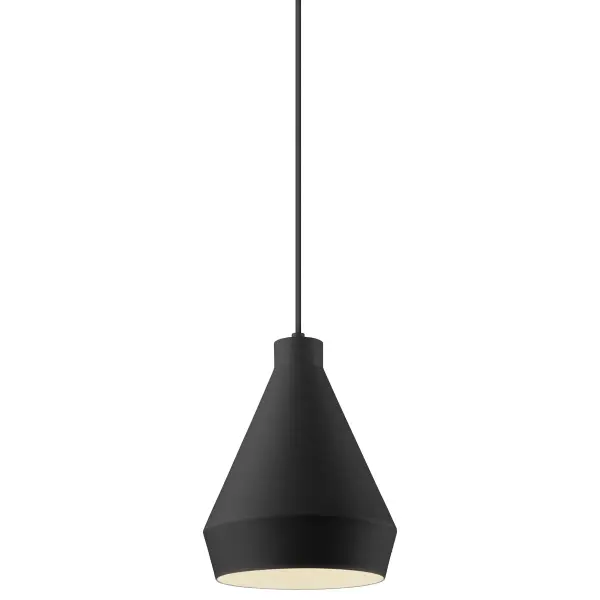 The Koma pendant delivers contemporary style in a compact 9-inch form. Its satin black exterior with white interior creates visual interest while providing warm, diffused light. Ideal for task lighting or clustered installations.