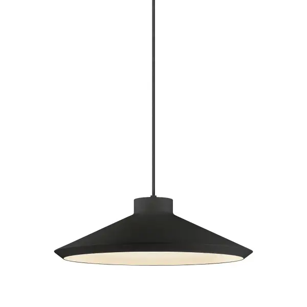 The Koma pendant delivers modern sophistication with its wide 22-inch aluminum shade in satin black finish. The white interior creates beautiful light reflection while the clean lines work seamlessly in contemporary spaces.