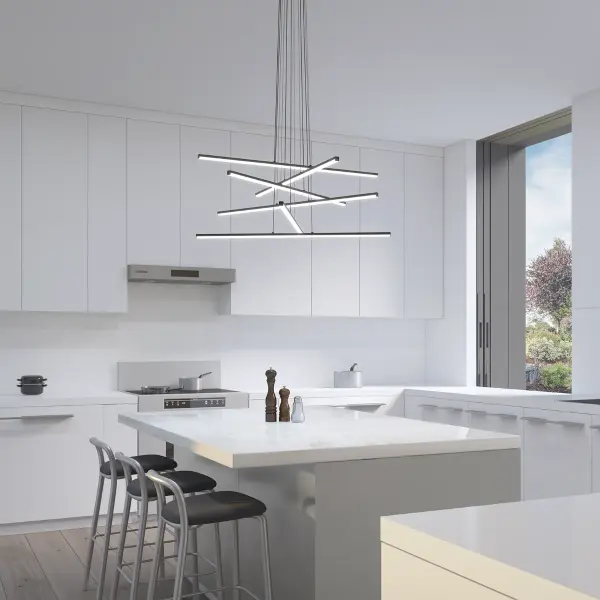 The Stix LED Chandelier delivers architectural minimalism with its precise square LED elements and adjustable arms. This 40-inch 3-arm design offers customizable composition while providing 3989 lumens of warm 3000K light, perfect for modern dining and living spaces.
