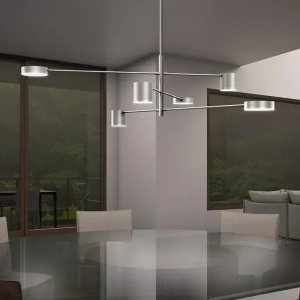 The Counterpoint LED Pendant makes a bold architectural statement with its geometric composition of flat discs and cylindrical forms balanced on slender arms. Delivering 1121 lumens of bright, high-CRI LED light, it's perfect for large dining tables and kitchen islands.