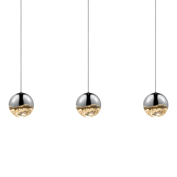 The Grapes LED Pendant brings artistic sophistication to modern spaces with its distinctive cluster of three illuminated glass spheres. The polished chrome finish and integrated LED technology deliver both visual impact and energy efficiency.