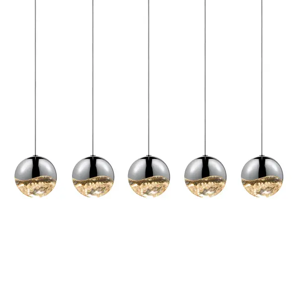 The Grapes LED Pendant brings artistic sophistication to modern spaces with its distinctive cluster of five illuminated glass spheres. The polished chrome finish and integrated LED technology deliver both visual impact and energy efficiency.