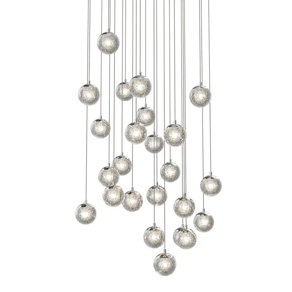 This dramatic linear pendant features 24 LED lights encased in clear seeded glass globes that create a champagne bubble effect. The polished chrome finish and substantial 27-inch width make it a show-stopping centerpiece for large dining areas and open-concept spaces.