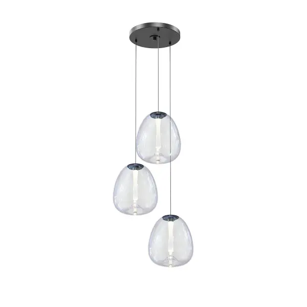 The Mela LED Pendant combines contemporary design with innovative dichroic glass technology, creating dynamic light effects. Its 20-inch width and integrated LED system make it ideal for task and ambient lighting over islands and tables.