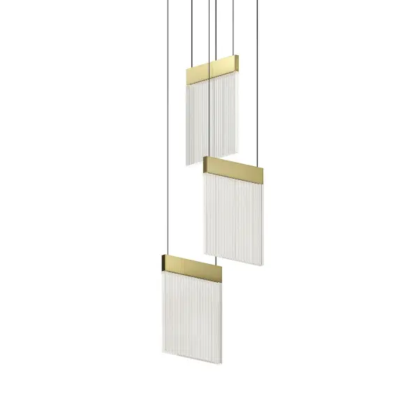 The V Panels LED Pendant combines geometric brass panels with clear acrylic for a striking contemporary statement. Its compact 8.75-inch square footprint delivers impressive 2200 lumens, making it ideal for task lighting over small spaces.