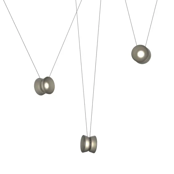 The Yo LED chandelier delivers contemporary minimalism with its 79-inch aluminum body and smoke glass shades. Integrated LED technology provides energy-efficient illumination with excellent color rendering for modern dining and workspace applications.