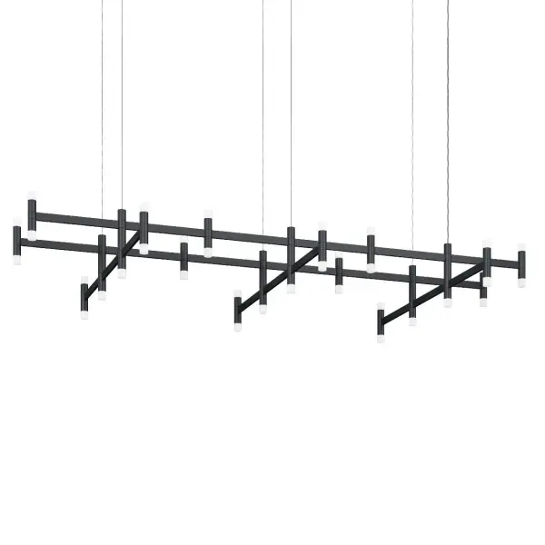 The Systema Staccato Rectangle Pendant delivers bold contemporary style with its geometric brass framework. Perfect for modern dining rooms and commercial spaces requiring dramatic linear lighting over long surfaces.