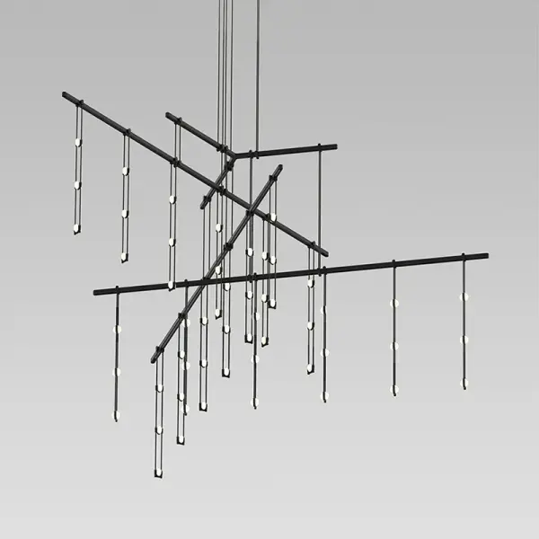 This oversized linear pendant makes a bold architectural statement with 54 integrated LED lights cascading through clear optical polymer crystals. The satin black aluminum frame provides striking contrast while the ladder design creates dramatic visual interest.
