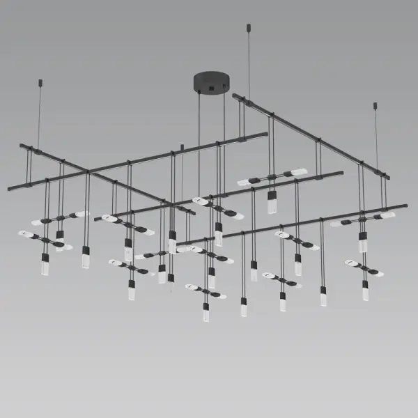 This 48" modular grid system combines structural geometry with crystal chiclet luminaires across two tiers. The skeletal frame creates a cube-like volume that serves as both lighting and sculptural element.